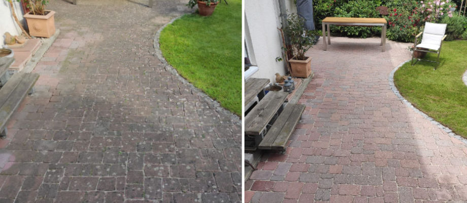 Terrassenplatten gereinigt mit Heißwasser Terrassenplatten gereinigt mit Heißwasser, Vorher Nachher Bilder