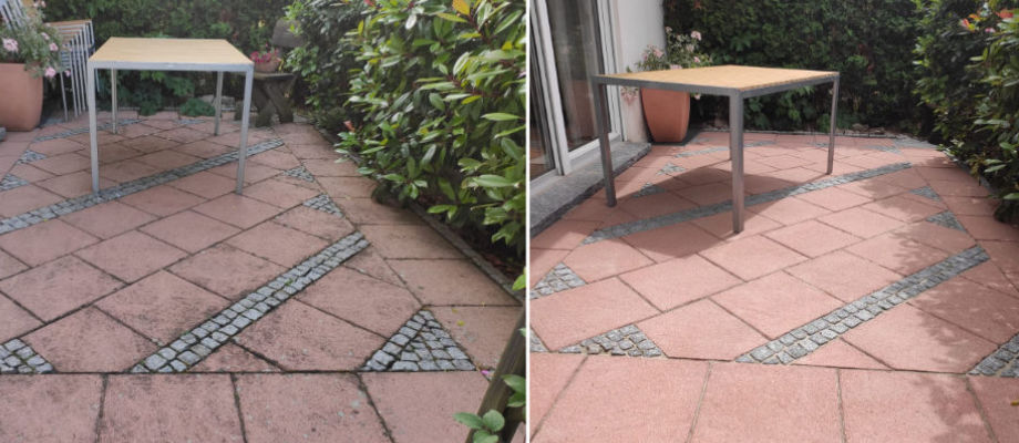 Terrassenplatten gereinigt mit Heißwasser Terrassenplatten gereinigt mit Heißwasser, Vorher Nachher Bilder